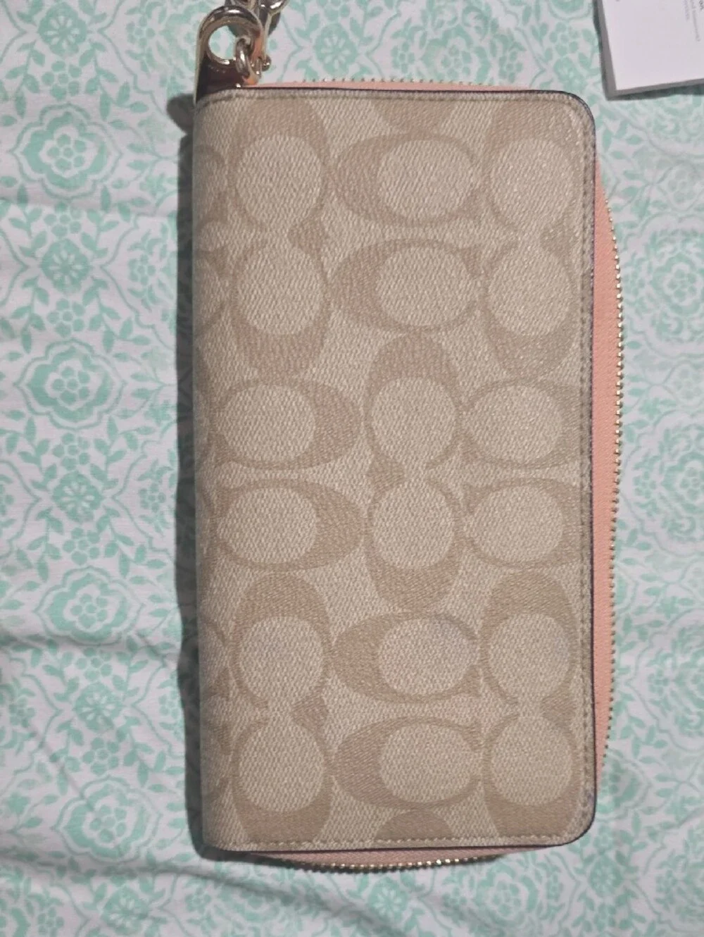Coach Beige Signature Zip Wristlet with Pink Strap